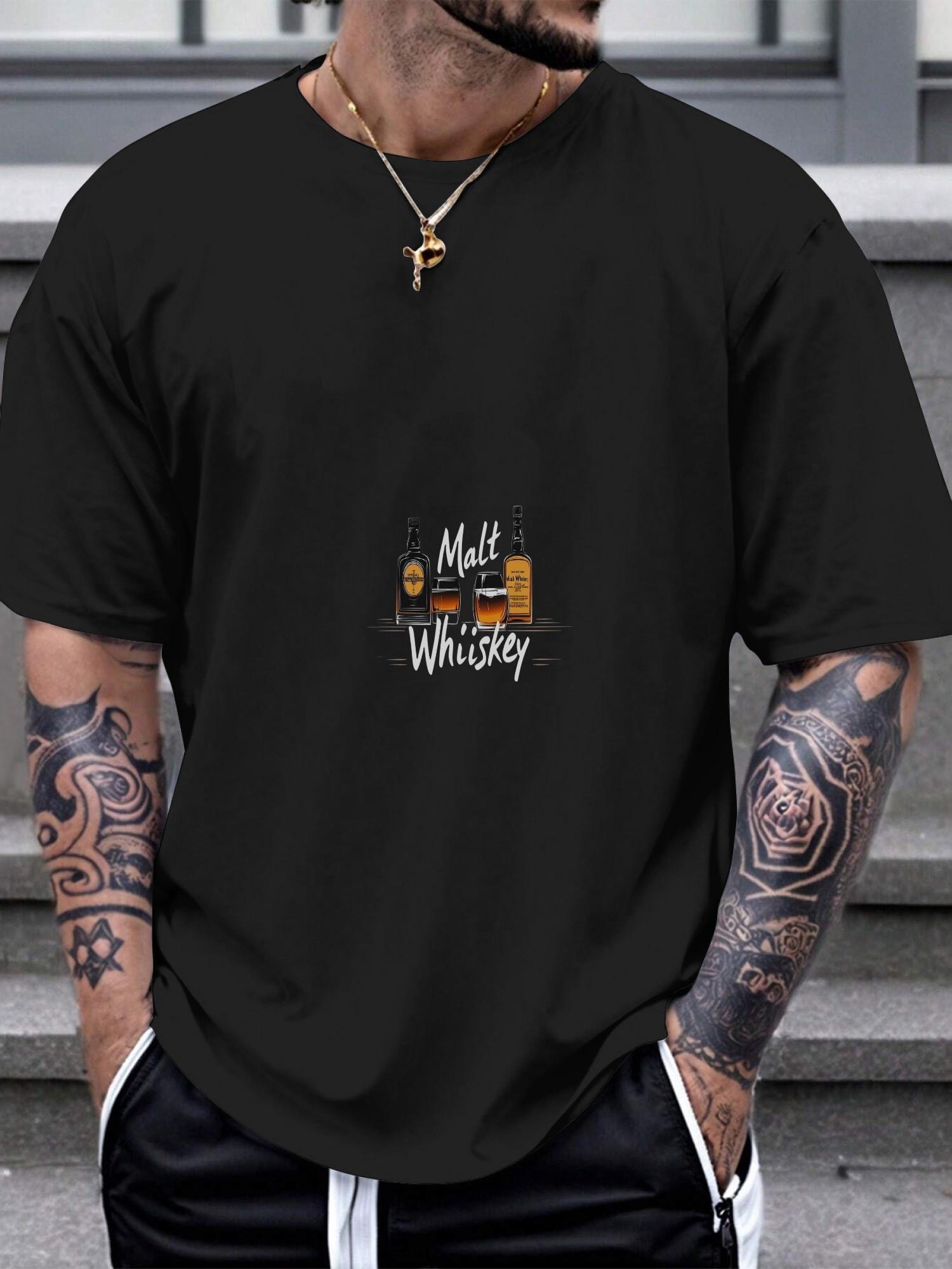 1pc Casual Malt Whiskey Graphic T-shirt - 180g Cotton Crew Neck Short Sleeve Tee with Whiskey Bottle & Glass Vector Logo L