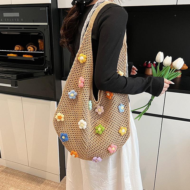 Women Flower Knitted Shoulder Bag  Handbag Lightweight Crochet Tote Bag Casual Top Handle Bag Outdoor Travel Bag