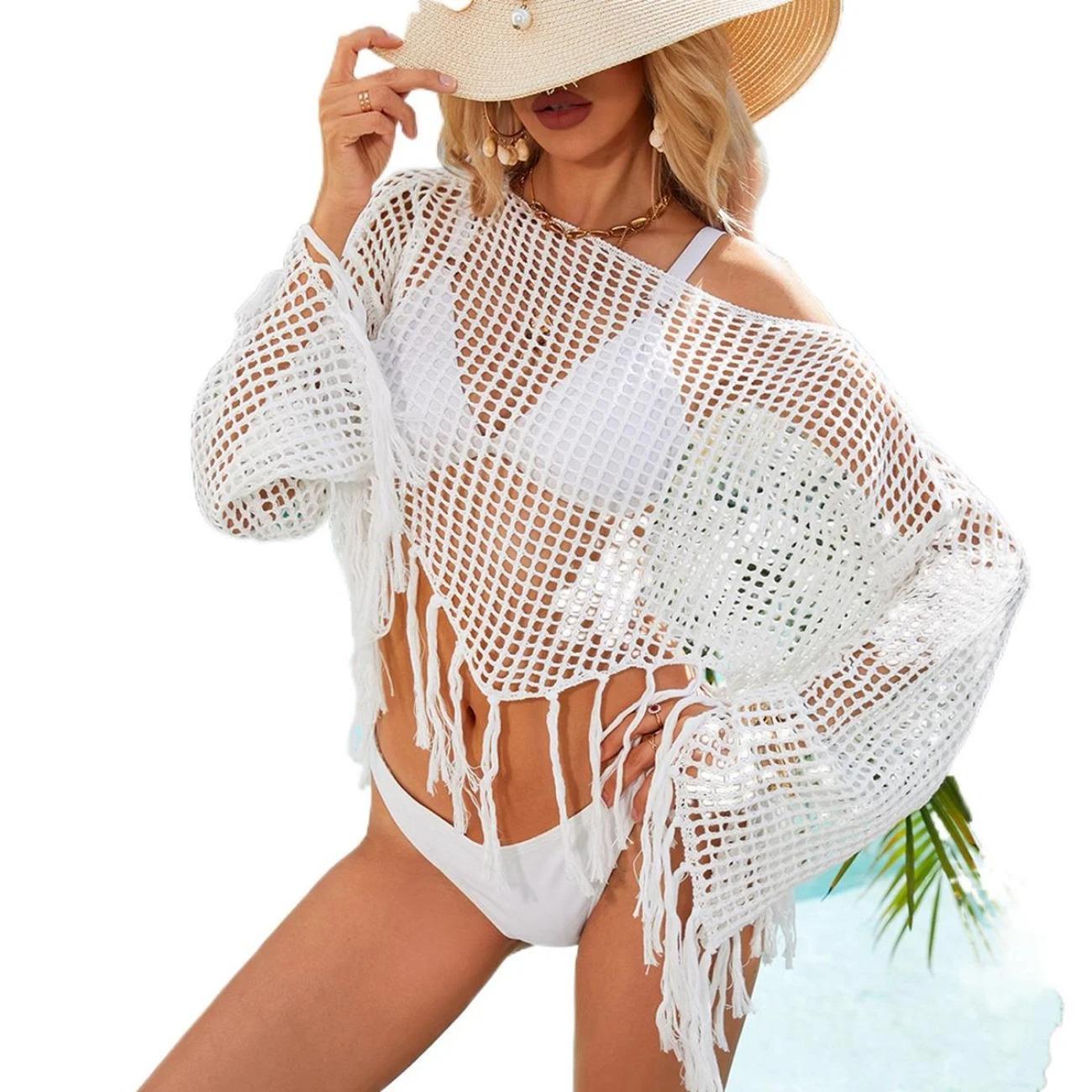 

Женская однотонная накидка Charmleaks с вырезом на крючках, пляжная юбка-смок с цветочным принтом и длинными рукавами с кисточками S белый