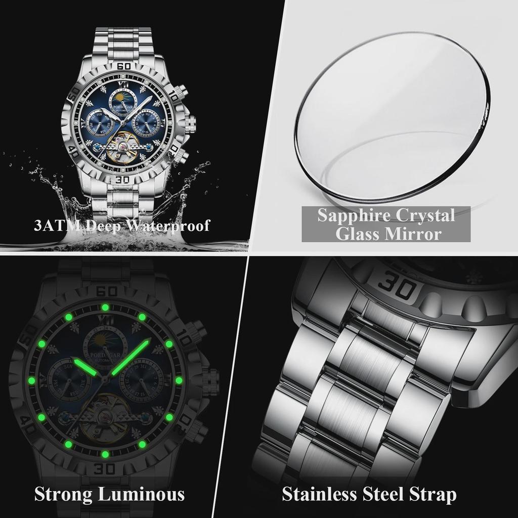POEDAGAR Fashion Luxury Men Watch Automatic Date Week Man Wristwatch Hollow Tourbillon Mechanical Stainless Steel Men's Watches