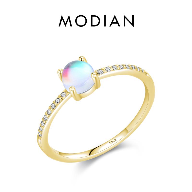 MODIAN 925 Sterling Silver Simple Trendy Round Moonstone Finger Ring 14K Gold Plated Fine Jewelry For Women Gifts