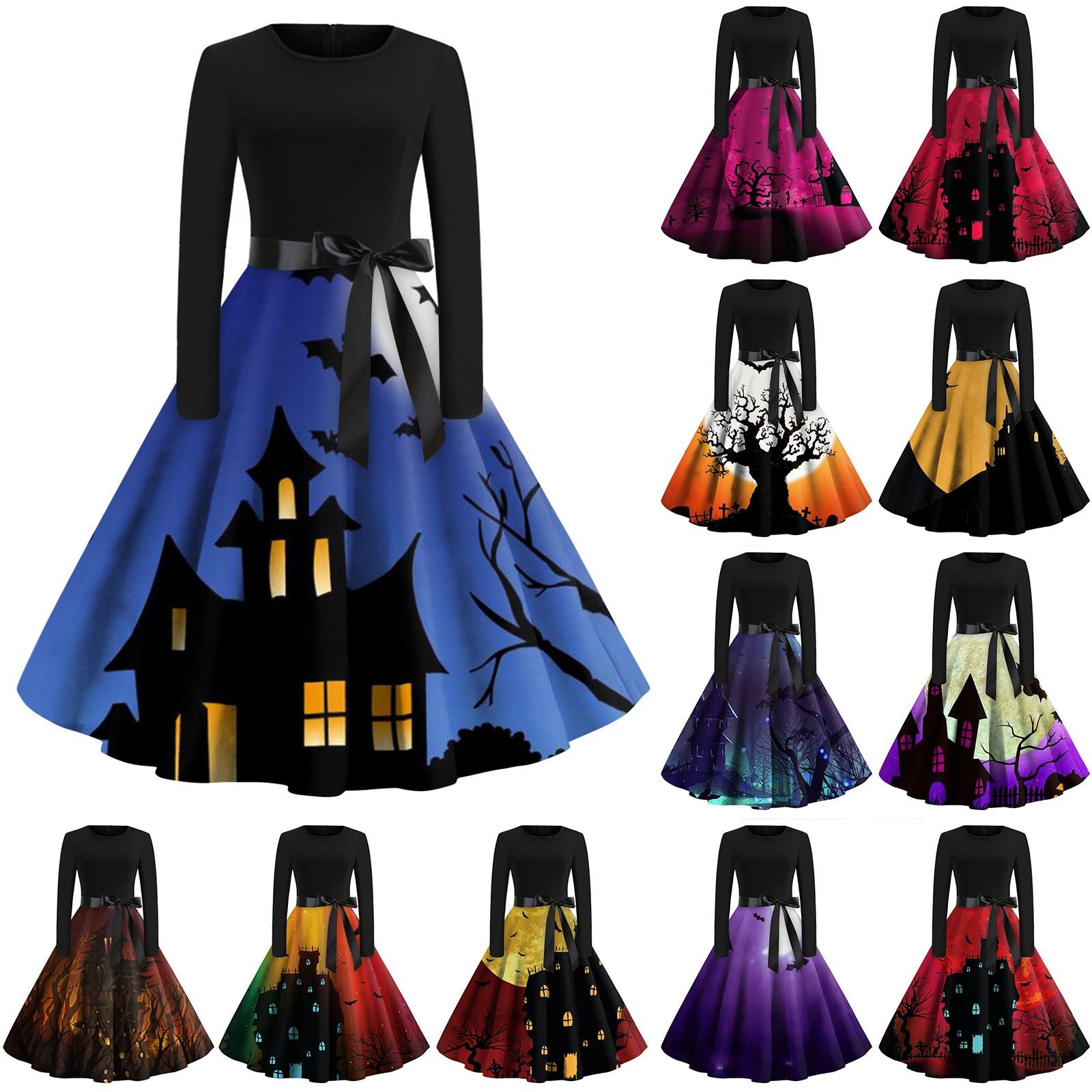 

Women s Fashion Round Neck Casual Slim Fit Halloween Printed Long Sleeve Dress