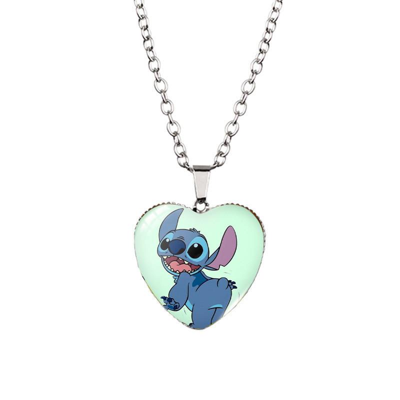 Adorable Stitch Cartoon Heart Necklace For Kids With Stunning Glass Pendant And Alloy Chain