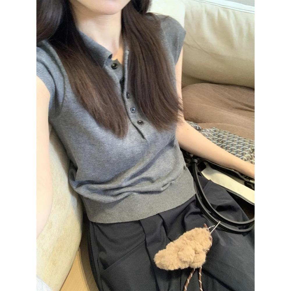 Thin Polo Collar Small Fly Sleeve Knitted Tencel Short Sleeve Women's Summer Button Design Bottoming Top High-end T-shirt