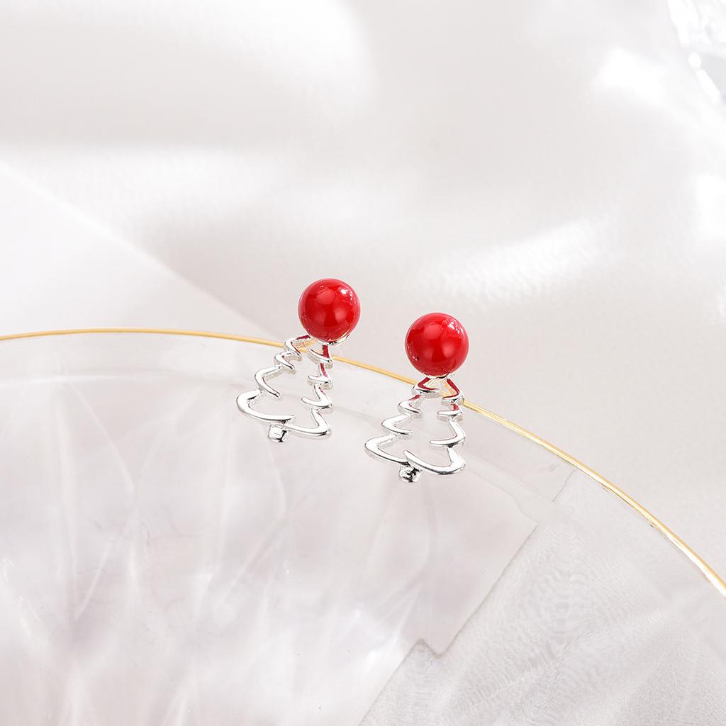 Christmas Tree Stud Earrings Female Simple Mori Small Fresh Red Bead Earrings