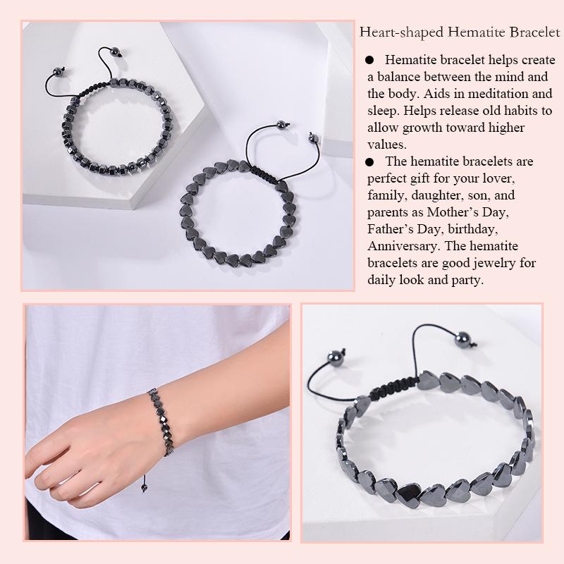 Heart-Shaped Black Magnetic Hematite Bracelet - Adjustable Woven Design
