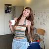 Summer Colorful Striped Knitted Halter Camisole Women's Tight Sleeveless Tank Top American Hot Girl Short Crop Top