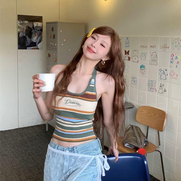 Summer Colorful Striped Knitted Halter Camisole Women's Tight Sleeveless Tank Top American Hot Girl Short Crop Top