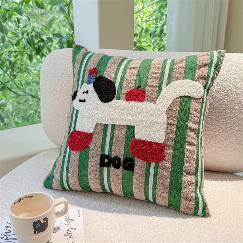 INS Style Green Stripe Pillow Cover Cute Cartoon Apple Dog Embroidery Soft Flock Cushion Cover For Living Room Home Decoration