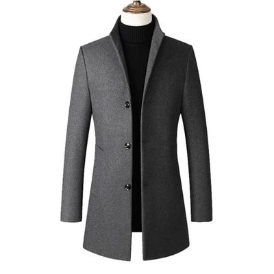 Men Fall Winter Trench Coat Stand Collar Single-breasted Straight Solid Color Long
