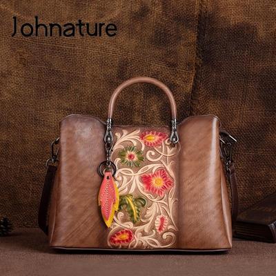 Versatile Handbag Genuine Leather Women Bag Vintage Handmade Embossed Nature Cowhide Shoulder Messenger Bags