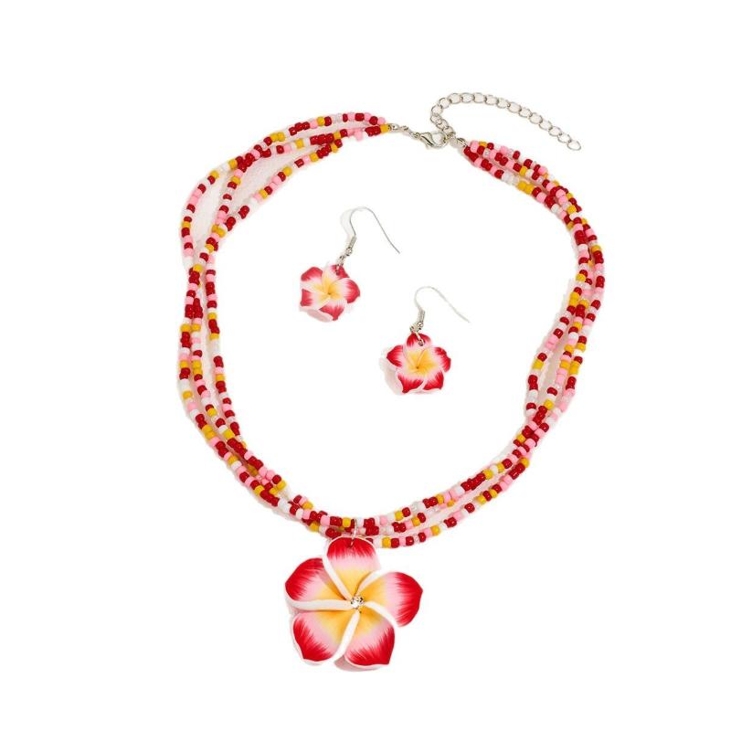 Polymer Clay Flowerwomen Jewelry Set Cute  Seaside Beach Colorful Flower Earrings Girls Sweet Beaded Chain Necklace Girl