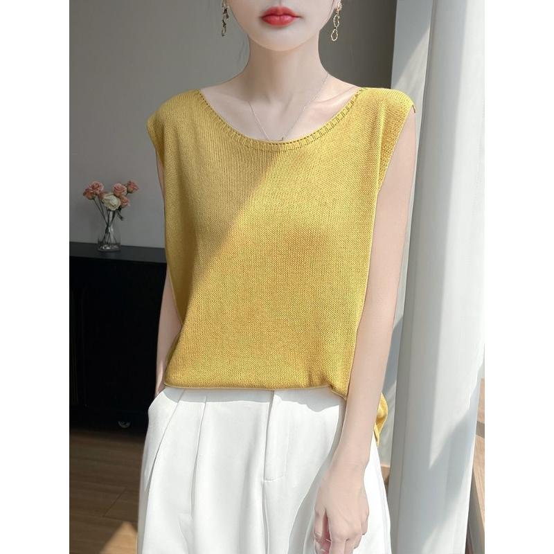 Sommer Neue Mode All Match Rundhals Ärmelloses Top Neues Lockeres Strick-Camisole-Weste Basis-Oberteil Halbarm-Top