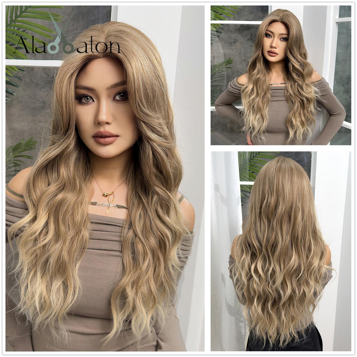 

ALAN EATON Длинные коричневые синтетические парики с омбре с челкой на голове, волнистый синтетический парик для женщин, повседневные вечеринки, свидания, термостойкое волокно