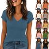 Women’s V Neck Ribbed Knit Short Sleeve Pullover Top Soft Lightweight Stretchy Basic Sweater Blouse Casual Slim Fit Tee Shirt