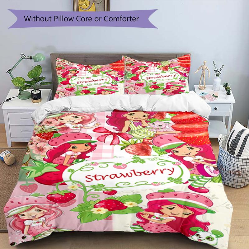 3pcs Strawberry Princess4 Design Cover Set - HD Printed Bedding with 1 Cover and 2 Pillowcases - Perfect for Home and Dorm Decor