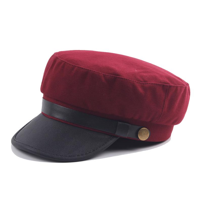 Military Cap Men Pu Leather Brim Flat Top Navy Cap Women Casual Trendy Beret Men's Hats For Casual Vintage Autumn Winter