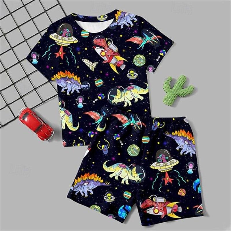 

Футболка и штаны с 3D динозавром для мальчиков, пижамный комплект с короткими рукавами и 3D принтом, летняя активная мода, на каждый день, полиэстер, детский круглый вырез, домашняя повседневная одежда 140