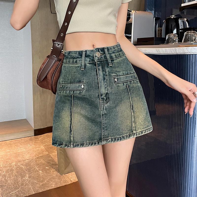 Women's Vintage Denim Skort High Waist A-Line Mini Skirt Anti-Chafing Casual Summer Retro Washed Short Skirt