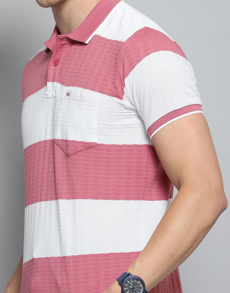 MONTE CARLO Mens Striped Pink Collar Neck Half Sleeve T-Shirt