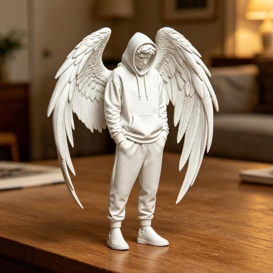 PLA Angel Decor 3D Printed Figurine, Winged Man Decorative Statue, Hoodies Desk Decoration Boys Sculpture for Home Office Shelf