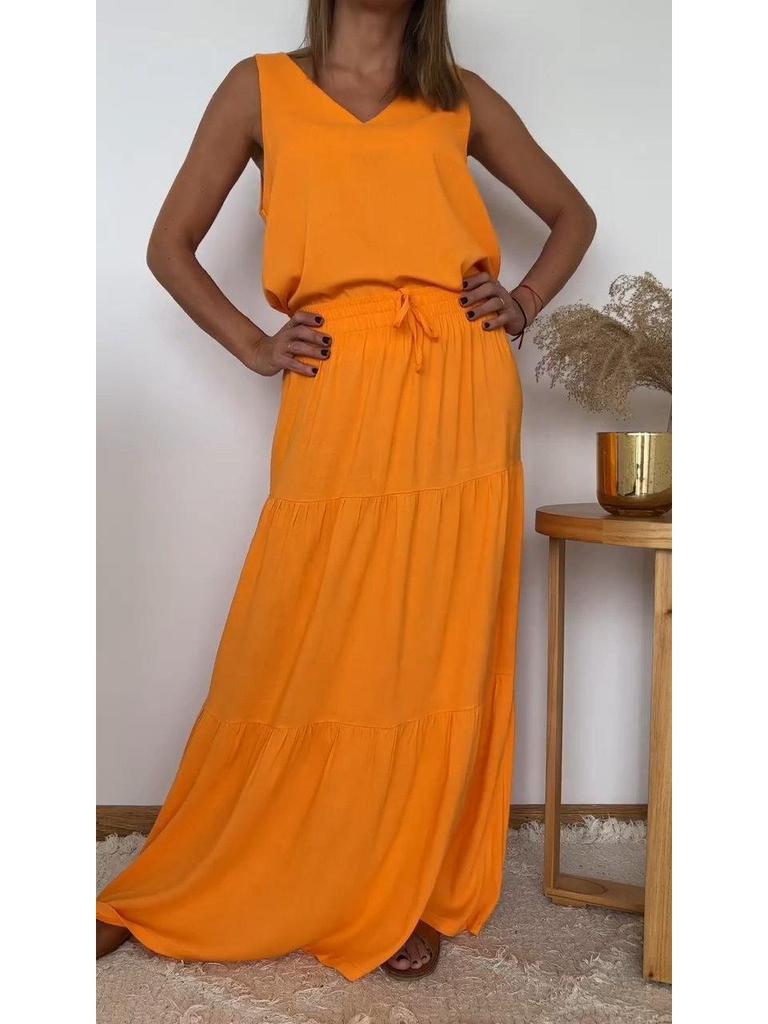 2024 Spring/Summer Women's Solid Color V-Neck Sleeveless Top and Skirt Set