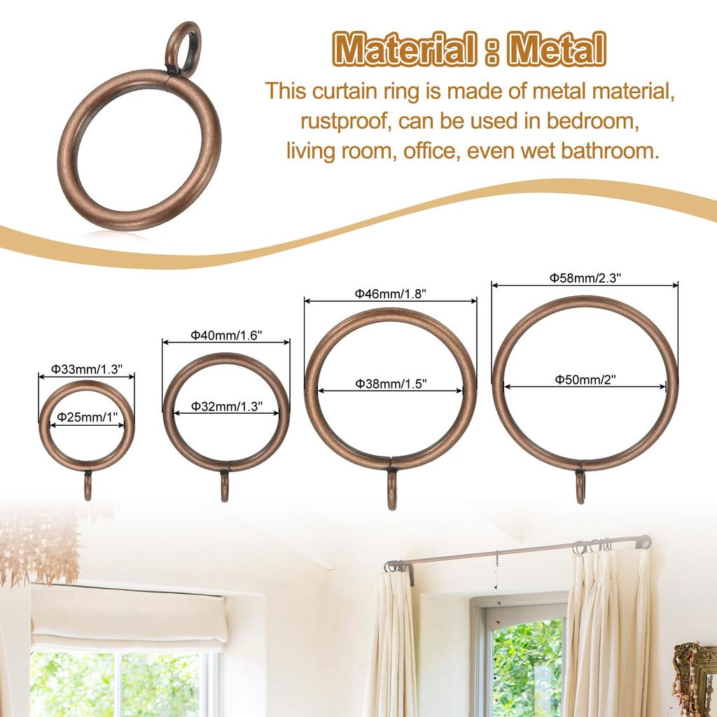 PATIKIL Inner Diameter Curtain Rod Rings with 30 Metal Drapery Curtain Rod Hoop Copper Color 1.3-inch Eyelets, Rings, Pins,