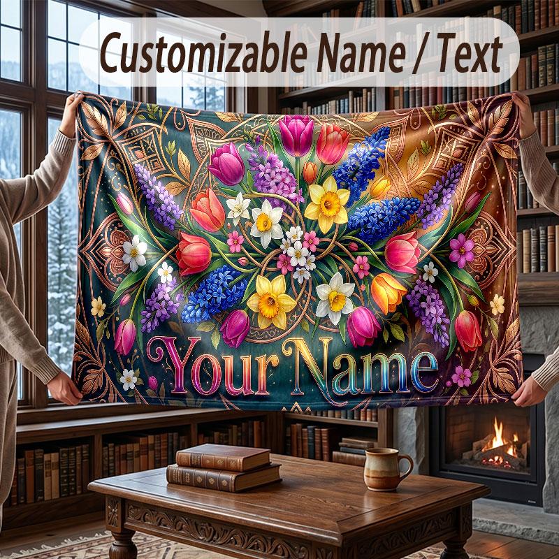 Floral Garden Theme Throw Blanket Custom Name Text Personalized Blanket Soft Cozy Blanket for Home Sofa Bed
