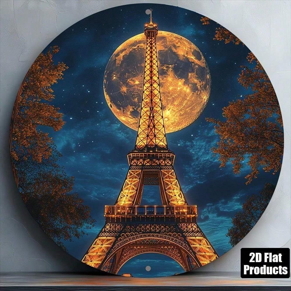Vintage Paris Eiffel Tower Moonlit Night Round Metal Plaque 8x8 Inch Rustproof Wall Art Living Room Decor