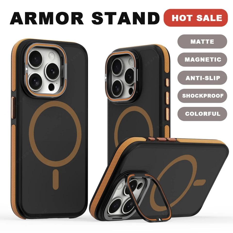 Bicolor Magnetic Camera Lens Stand Phone Case For iPhone 15 14 16 Plus 11 12 13 16 Pro Max Matte Magsafe Protector Hard Cover