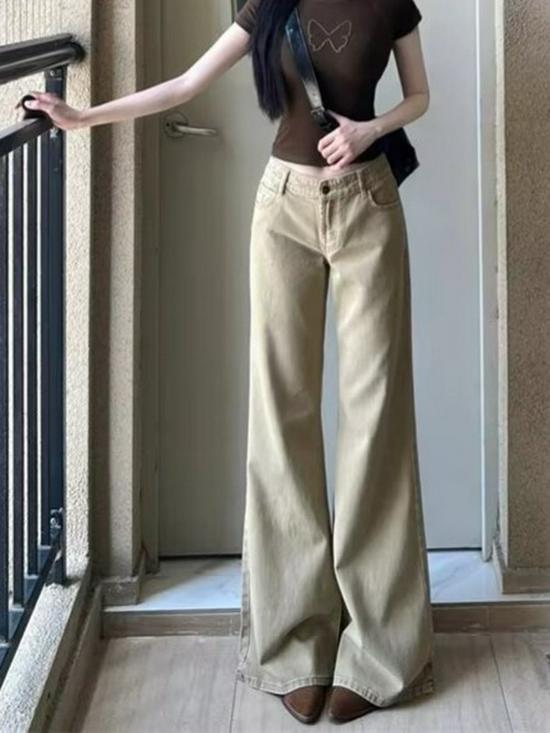 Retro Khaki Women's Low Waist Wide Leg Bell Bottom Jeans