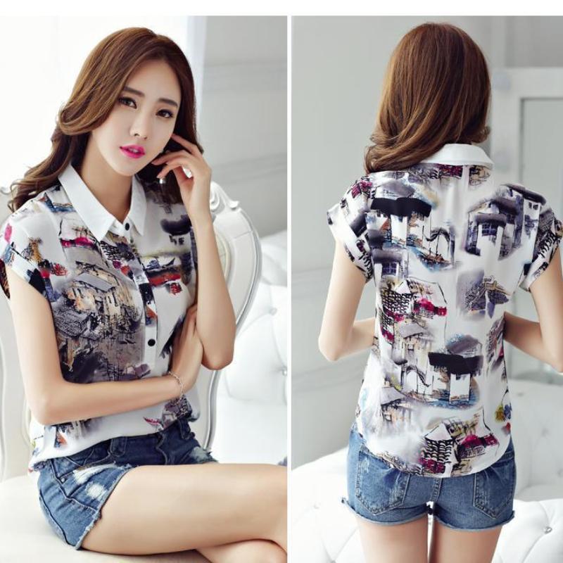 Temperament Ink Printed Short Sleeve Women Casual Shirts Summer Tops Elegant Slim Fit Loose Blouses Women Turn Down Collar Office Lady Shirt New 26528