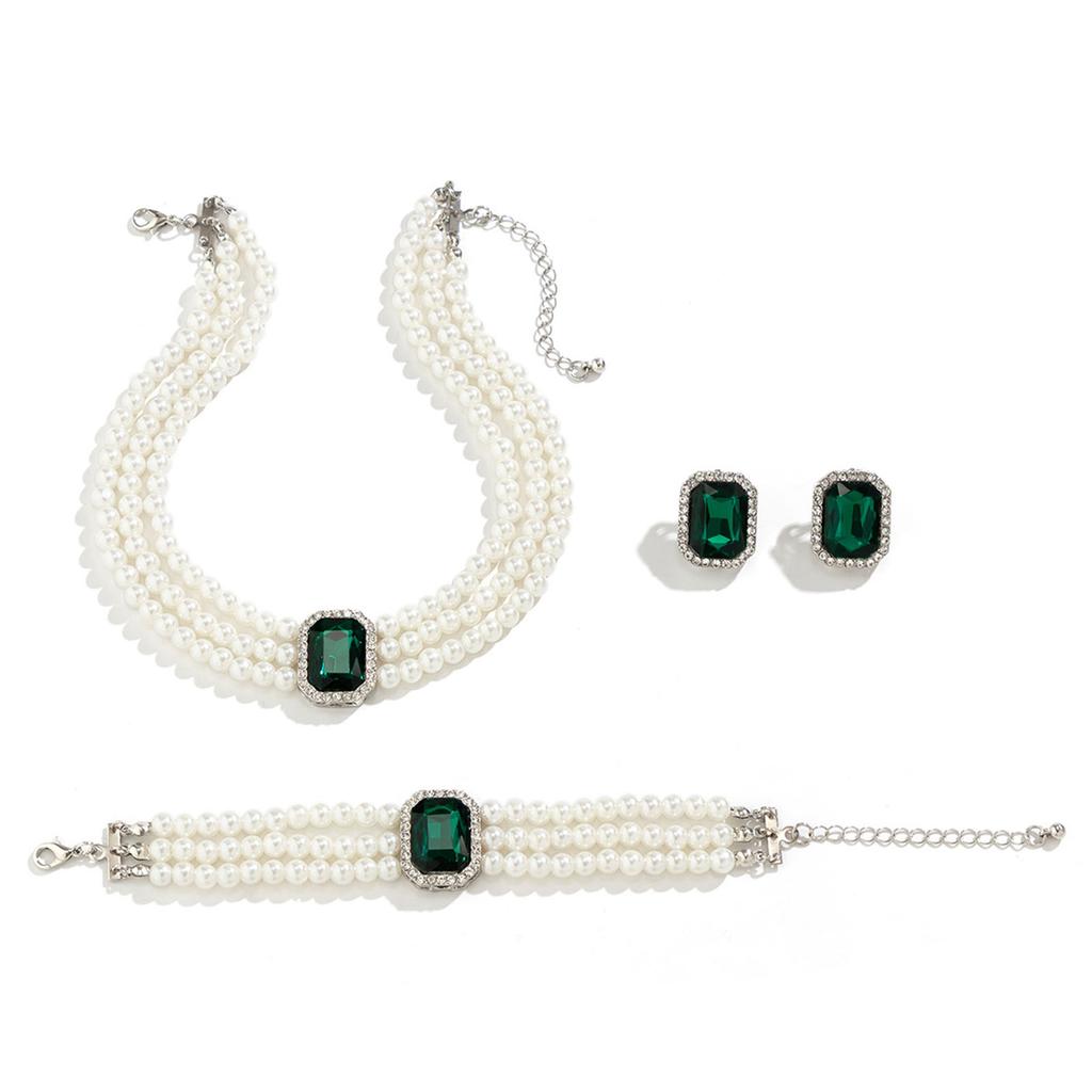 Imitation Pearl Necklace Set Earring Bracelet Multi Layer Women French Elegant Light Luxury Beaded Gem Stone Square