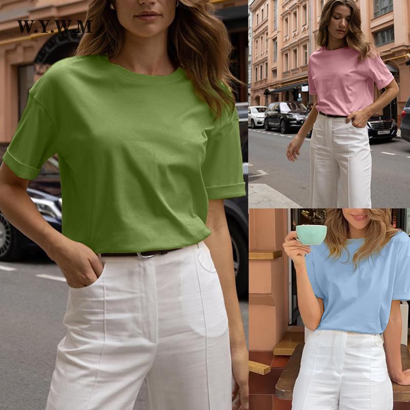 

WYWM свободные хлопковые футболки с отложными рукавами женские летние однотонные тонкие футболки с круглым вырезом женские повседневные футболки снизу верхняя одежда крутые топы для девочек