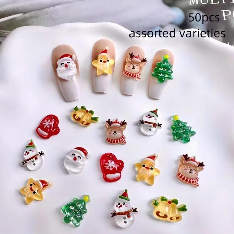

150Pcs 3DSnowman Elk Christmas Nail Charms Cartoon Xmas Bell Sock Resin Nail Art Decoration For DIY Crafts Hair Jewelry Kid Gift