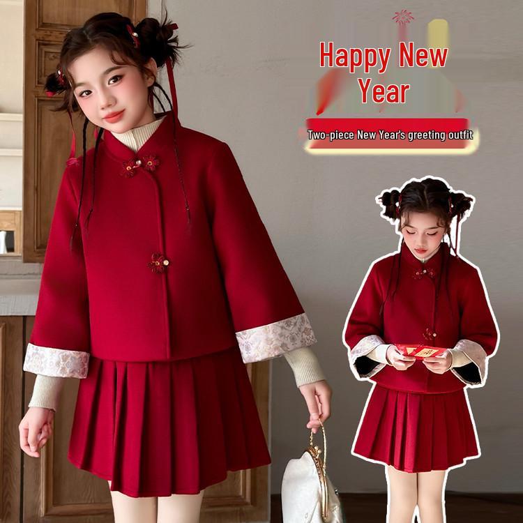 Girls  2025 Autumn/Winter Chinese Style Tang Suit: Two-Piece Set with Frog Button Top & Pleated Skirt 140cm