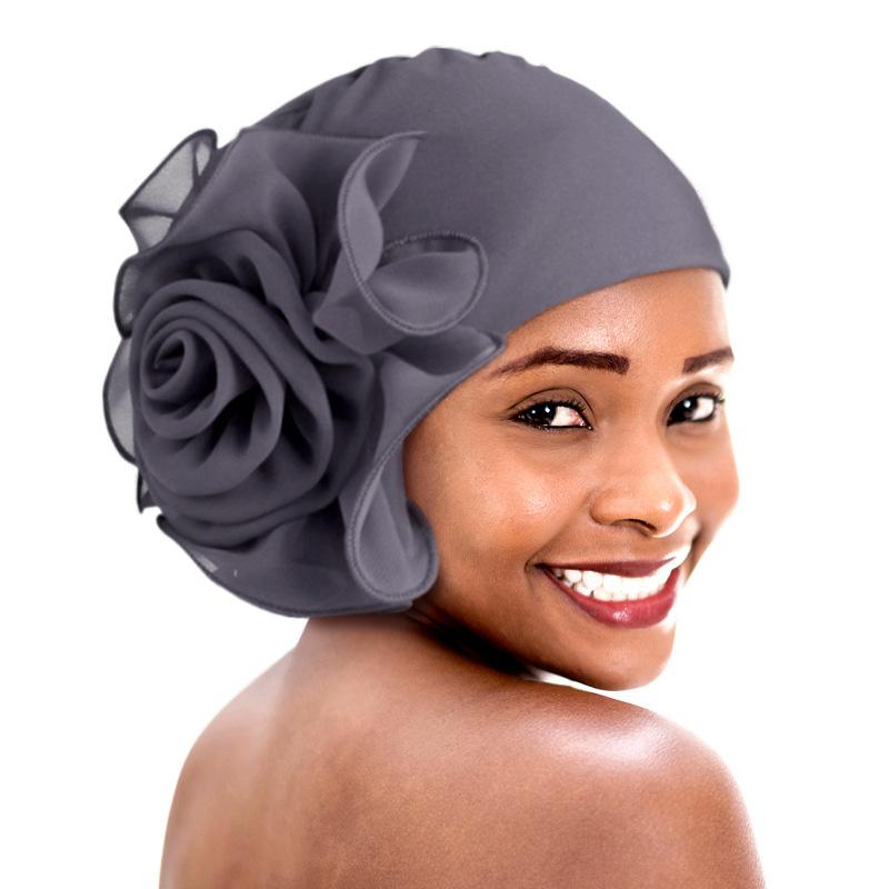 1Pc Head Cap Muslim Head Wraps Women Hair Accessories Solid Color Fashion Turban Hat Elastic Cloth Big Flower