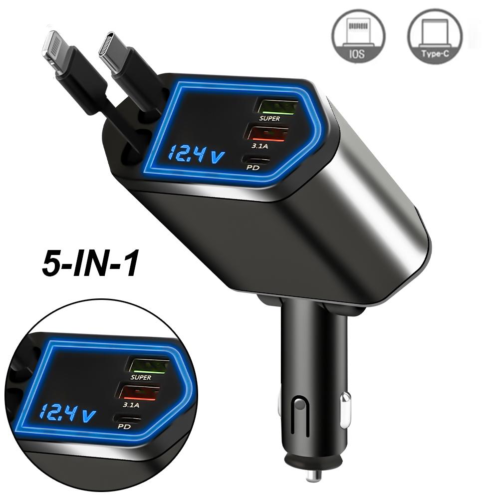 4/5-in-1 120W Retractable Car Charger Fast Charger USB+PD Power Adapter Phone Charger with Voltage Display For IOS Android Phone