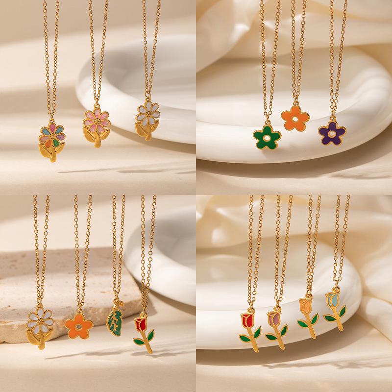Elegant Titanium Steel Pink Cherry Blossom Necklace with Colorful Drip Glaze Rose Flower, Versatile Women's Clavicle Chain