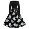 Women's Casual Vintage Dress Long Sleeve Round Neck Halloween Print A-Line Midi Dress with Waist Tie Belt Suitable for Daily Wear