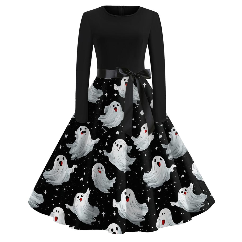 Women's Casual Vintage Dress Long Sleeve Round Neck Halloween Print A-Line Midi Dress with Waist Tie Belt Suitable for Daily Wear