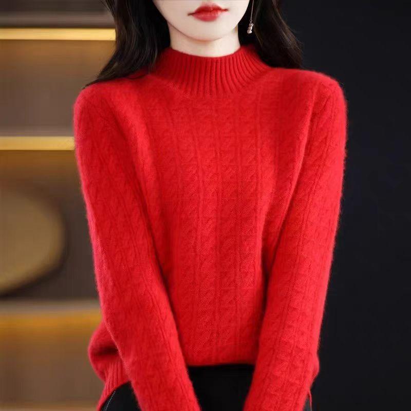 Cashmere Sweater Women's Half Turtleneck Knitted Sweater Casual Pullover Thickened Knitted Sweater with Loose Solid Color Base Layer