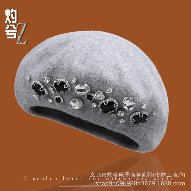 Autumn and Winter Literary and Artistic Solid Color Diamond-encrusted Fashion Wool Beret Women's Outdoor Shopping Versatile Face Small Painter Hat D
