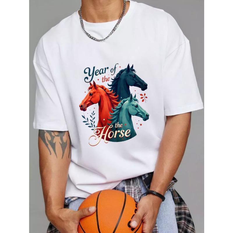 T-Shirt White Year of The Horse Print with Three Horses and Floral Design for Casual Wear