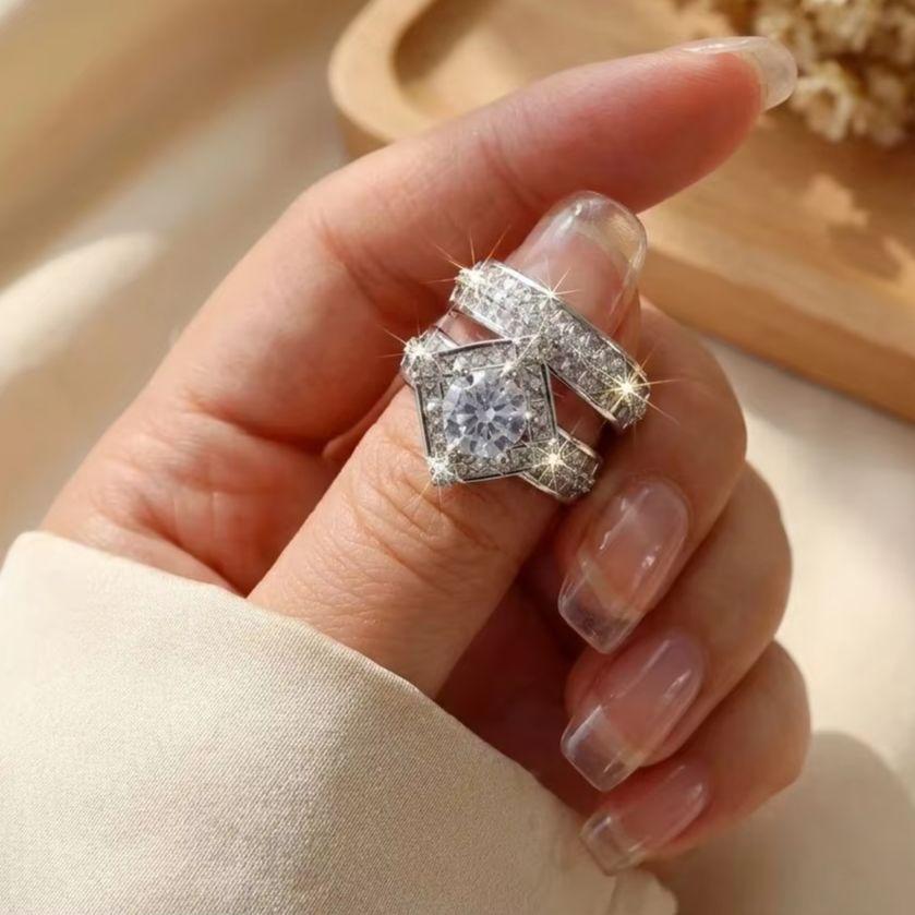 2Pcs Brilliant Square Zircon Promise Ring Set for Women Elegant Vintage Luxury Stackable Finger Ring Anniversary Party Jewelry