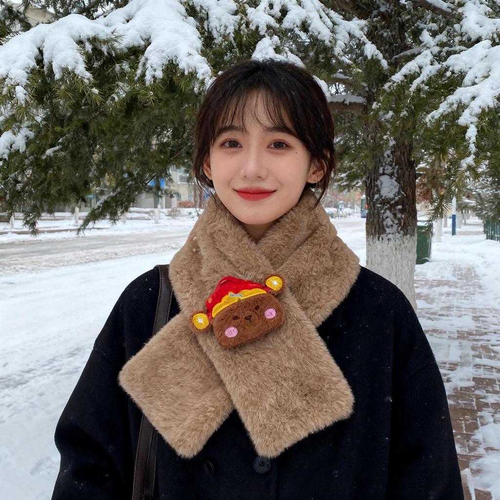 Women's Korean Style Faux Rabbit Fur Scarf - Thick, Warm, Plush Neck Warmer for Autumn/Winter 2024 - Versatile Student Accessory
