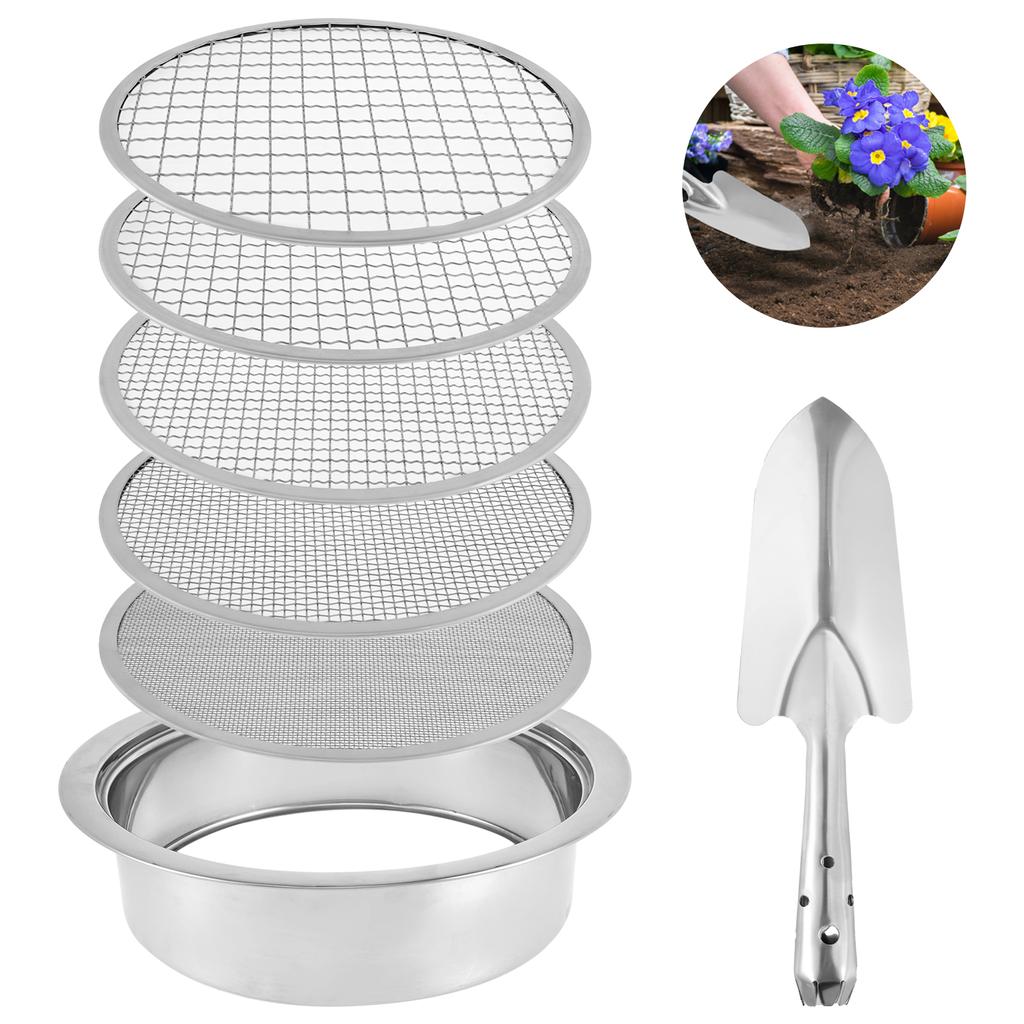 7Pcs Soil Sieves Mesh Set Stainless Steel Garden Soil Stone Filtration With Shovel 9.45inch Diameter Riddle Sieve Set
