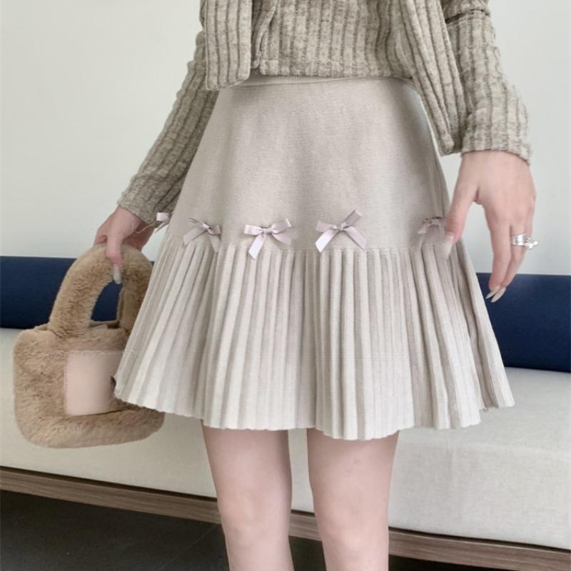 

Зимняя корейская опрятная ретро-трикотажная юбка женская мода однотонные элегантные плиссированные юбки с бантом новая шикарная одежда с высокой талией новая L хаки