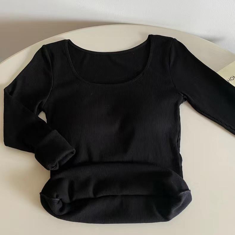 Korean Style Slim Fit Square Neck Brushed Velvet T-Shirt with Chest Pads for Autumn and Winter