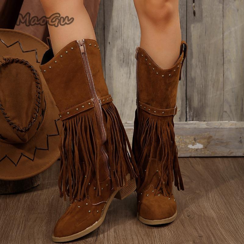 Fashion Autumn Winter Women Fringes Thick Mid Heel Boots Suede Pointed Toe Outdoor Fashion Cowboy Mid-Calf Boots Botas Para Mujer Size43